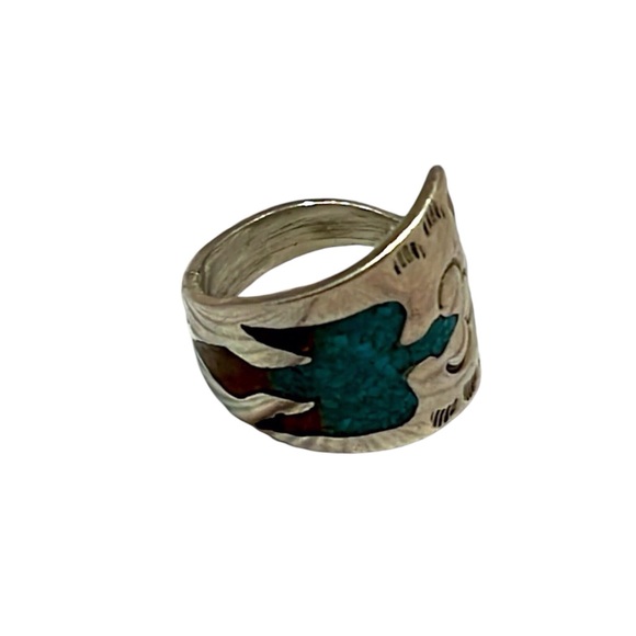 Native American Water Bird Ring. Silver w/turquoise and coral inlay. Size 4 - Picture 1 of 3